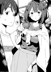  1boy 1girl ? alternate_costume blush bracelet breasts closed_mouth comic_panel_inset hand_on_own_hip highres imigimuru jewelry make_heroine_ga_oo_sugiru! medium_breasts medium_hair monochrome novel_illustration nukumizu_kazuhiko official_alternate_costume official_art pout print_shirt ribbed_shirt second-party_source shirt short_hair skirt speech_bubble sweat sweatdrop sweater t-shirt tied_sweater v-neck yanami_anna 