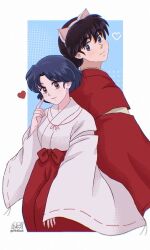  1boy 1girl animal_ears armor black_hair blue_background blue_eyes blue_hair brown_eyes closed_mouth cosplay dog_ears fake_animal_ears hairband heart inuyasha inuyasha_(character) inuyasha_(character)_(cosplay) japanese_armor japanese_clothes kikyou_(inuyasha) kikyou_(inuyasha)_(cosplay) miko ohmagaby pale_skin ranma-chan ranma_1/2 saotome_ranma short_hair smile spanish_commentary tendou_akane voice_actor_connection white_hairband 