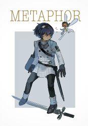  1boy 1girl belt black_gloves black_pants black_shoes blue_eyes blue_hair coat commentary_request english_text fairy fairy_wings gallica_(metaphor:_refantazio) gloves hairband heterochromia highres male_focus metal_hairband metaphor:_refantazio notice_lines orange_hair pants patterned_clothing protagonist_(metaphor:_refantazio) scabbard shafuta sheath shoes sword sword_riding weapon white_coat wings yellow_eyes 