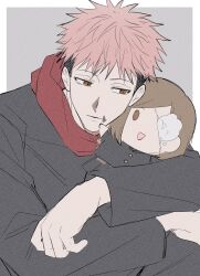  1boy commentary facial_mark gakuran hood hoodie itadori_yuuji jujutsu_kaisen kugisaki_nobara male_focus pink_hair red_hoodie scar scar_on_face scar_on_mouth school_uniform segum solo spiky_hair stuffed_toy undercut untranslatable_commentary 