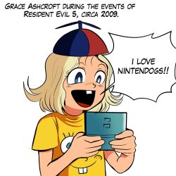  1girl absurdres aged_down artist_self-reference blonde_hair blue_eyes blue_hat buck_teeth chakkrx character_print commentary english_commentary english_text grace_ashcroft handheld_game_console hat highres holding holding_handheld_game_console light_blush medium_hair nintendo_ds nintendo_ds_lite nintendogs open_mouth propeller_hat red_hat resident_evil shirt short_sleeves simple_background smile solo speech_bubble spongebob_squarepants spongebob_squarepants_(series) teeth two-tone_hat upper_body white_background wide-eyed yellow_shirt 