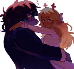  2girls antlers black_hair black_jacket blonde_hair blush commentary deer_antlers deer_girl deltarune dress english_commentary flying_sweatdrops furry furry_female highres horns jacket multiple_girls noelle_holiday raqann reptile_girl susie_(deltarune) utdr_(toby_fox) white_background white_dress yuri 