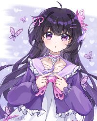  1girl :o ahoge animal bug butterfly butterfly_hair_ornament choker collarbone commentary detached_ahoge english_commentary frilled_choker frilled_shirt frills hair_ornament hairclip heart heart_background highres index_fingers_together long_hair long_sleeves looking_at_viewer open_mouth original parallel_hairclips pink_choker purple_hair purple_shirt shirt solo two-tone_shirt upper_body violet_eyes white_shirt yuewishies 