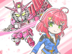  1girl ahoge alternate_costume amuro_ray amuro_ray_(cosplay) artist_logo beam_rifle blue_jacket blush_stickers cat_hair_ornament char's_counterattack chibi closed_mouth commentary_request cosplay earth_federation energy_gun energy_sword fin_funnels glowing glowing_eyes green_eyes gun gundam hair_ornament hairclip highres holding holding_gun holding_weapon hololive jacket logo long_sleeves looking_at_viewer mecha military_jacket mobile_suit mukago nu_gundam robot sakura_miko sd_gundam short_hair slashing smile sword v-fin virtual_youtuber weapon 