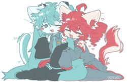  2girls :3 :d =_= ahoge animal_ears antenna_hair aqua_eyes aqua_hair aqua_necktie bare_shoulders black_sleeves blush_stickers bright_pupils cat_ears cat_girl cat_tail collared_shirt detached_sleeves drill_hair furrification furry furry_female grey_shirt hair_between_eyes hair_ornament hashtag-only_commentary hatsune_miku hug hug_from_behind ibispaint_(medium) jaggy_lines kasane_teto kasane_teto_(utau) long_hair long_sleeves multiple_girls necktie number_tattoo one_eye_closed open_mouth red_hair shirt simple_background single_blush_sticker sitting skirt sleeveless sleeveless_shirt sleeves_past_fingers sleeves_past_wrists smile tail tail_wagging tarashi_(fugguard) tattoo thigh-highs twin_drills twintails utau very_long_hair vocaloid wariza white_background white_pupils 