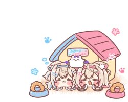  2girls :d animal_ear_fluff animal_ears blue_hair blue_hairband blush_stickers bowl brown_hair chibi closed_eyes closed_mouth commentary_request dog_ears doghouse doughnut fake_horns food fuwawa_abyssgard fuwawa_abyssgard_(1st_costume) hair_between_eyes hair_ornament hairband hairclip headphones headphones_around_neck highres hololive hololive_english horns lying mitarashi_neko mococo_abyssgard mococo_abyssgard_(1st_costume) multicolored_hair multiple_girls on_stomach perroccino_(fuwamoco) pet_bowl pink_hair pink_hairband siblings sisters smile streaked_hair twins two_side_up virtual_youtuber 