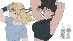  2girls arms_up battle_tendency blonde_hair breasts brown_hair caesar_anthonio_zeppeli chibi chibi_inset commentary_request crop_top facial_mark feather_hair_ornament feathers fingerless_gloves flat_color genderswap genderswap_(mtf) gijojogi gloves green_eyes grin hair_ornament headband highres jojo_no_kimyou_na_bouken joseph_joestar joseph_joestar_(young) korean_commentary korean_text large_breasts long_hair multiple_girls sleeveless sleeveless_turtleneck smile turtleneck wavy_hair 