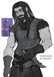  1boy arm_tattoo armor beard belt dagger facial_hair gloves highres holding holding_dagger holding_knife holding_weapon knife multiple_tattoos pink_eyes solo tattoo warcraft weapon world_of_warcraft ykshelter 