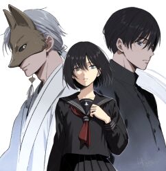  1girl 2boys black_hair black_sailor_collar black_serafuku fox_mask fox_mask_(silent_hill) gakuran hikari_0o0o0 japanese_clothes long_hair mask multiple_boys neckerchief pleated_skirt red_neckerchief sailor_collar school_uniform serafuku shimizu_hinako short_hair silent_hill_(series) silent_hill_f skirt white_hair 