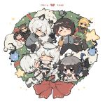  1other 4boys 5girls :&lt; absurdres ambiguous_gender animal_ears arknights bangs bird black_hair black_overalls black_pants blackhair blue_eyes blue_hair book brother_and_sister brown_shirt character_doll chibi christmas christmas_ornaments christmas_wreath cliffheart_(arknights) courier_(arknights) degenbrecher_(arknights) doctor_(arknights) english_text gnosis_(arknights) grey_sweater highres hug hugging_own_tail kjera_(arknights) kyou_039 leopard_boy leopard_ears leopard_girl leopard_tail long_hair long_sleeves matterhorn_(arknights) moschi_(arknights) multicolored_hair multiple_boys multiple_girls open_book open_mouth overalls pants pramanix_(arknights) redhead shirt short_hair short_sleeves siblings silverash_(arknights) simple_background sisters sleeping sleeveless sleeveless_shirt smile streaked_hair sweater tail tail_hug tenzin_(arknights) thick_eyebrows tiara twitter_username white_background white_hair white_shirt |_| 
