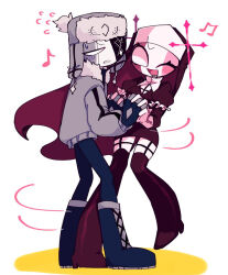  1boy 1girl ;d annoyed black_boots black_gloves black_pants blank_eyes blush boots breasts brown_boots brown_dress brown_veil collared_shirt colored_skin commentary_request cross_hat_ornament cxolzayti1bx36l dress eyepatch face-to-face fingerless_gloves flying_sweatdrops friday_night_funkin' frilled_sleeves frills full_body fur-trimmed_headwear fur-trimmed_jacket fur_trim garter_straps gloves grey_hat grey_jacket hands_up hat high_heel_boots high_heels holding_hands interlocked_fingers jacket jitome knee_boots lace-up_boots layered_sleeves long_sleeves looking_at_another looking_at_viewer looking_back lower_teeth_only medium_breasts musical_note nun nun_headdress one_eye_closed one_eye_covered open_mouth pants pencil_dress puffy_long_sleeves puffy_short_sleeves puffy_sleeves ruvyzvat_(friday_night_funkin') sarvente_(friday_night_funkin') shirt short_dress short_over_long_sleeves short_sleeves simple_background single_eyebrow sleeve_cuffs smile standing standing_on_one_leg sweatdrop tareme teeth thigh_boots tongue ushanka v-shaped_eyebrows veil very_big_eyes white_background white_shirt white_skin zettai_ryouiki 