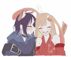  2girls aaru_(youmorigu) absurdres animal_ears bare_shoulders black_choker black_hair blonde_hair blue_hair blue_hoodie blush cho_kaguya-hime! choker closed_eyes commentary_request cropped_torso facing_another fox_ears heart highres hood hoodie kaguya_(cho_kaguya-hime!) lop_rabbit_ears multicolored_hair multiple_girls open_mouth rabbit_ears sakayori_iroha smile tearing_up translated two-tone_hair upper_body white_background yuri 