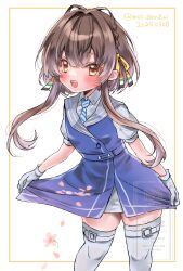  1girl black_hair blue_dress braid brown_eyes commentary_request dated dress feet_out_of_frame grey_sailor_collar highres kantai_collection mot_zenzai necktie one-hour_drawing_challenge sailor_collar sailor_dress short_hair short_hair_with_long_locks short_sleeves side_braids skirt_hold smile solo striped_clothes striped_necktie thigh-highs twitter_username ukuru_(kancolle) white_thighhighs 