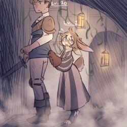  1boy 1girl :o :s ahoge black_eyes black_shoes blue_eyes blue_shorts blurry blurry_background brown_armor brown_background brown_hair check_clothing check_gender clothing_request commentary digitigrade dress dungeon english_commentary english_text flying_sweatdrops fog furry gender_request highres lantern long_sleeves open_mouth original panties power_level puffy_long_sleeves puffy_sleeves pulling_another's_clothes purple_dress rabbit scared shirt shoes short_hair shorts striped_clothes striped_dress sweatdrop tateoftot turning_head underwear white_panties white_shirt 