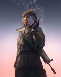  1girl absurdres bad_link battle_rifle beret black_gloves black_scarf brown_hair bulletproof_vest camouflage cigarette cowboy_shot digital_camouflage flag_patch fn_scar_17 french_flag gandy_(gan3e46) gloves gradient_background green_eyes grey_background gun hat highres holding holding_cigarette looking_at_viewer medium_hair military_combat_uniform military_uniform natalie_(qvit11) original parted_lips patch red_background rifle scarf smoke smoke_trail soldier solo ukrainian_flag weapon weapon_on_back 