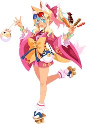  1girl 3d_glasses animal_ear_fluff animal_ears bell between_fingers blonde_hair blue-tinted_eyewear blue_hair bracelet coin disgaea disgaea_rpg dog_ears dog_girl dog_tail drinking fang food full_body gold harada_takehito heterochromatic_eyewear holding holding_food japanese_clothes jewelry kimono koban_(gold) long_hair long_sleeves makai_senki_disgaea_7 multicolored_hair multiple_views neck_bell non-web_source obi official_art open_mouth outstretched_arm photoshop_(medium) pink_hair pirilika_(disgaea) platform_sandals pointy_ears red-tinted_eyewear sandals sash sausage simple_background solo solo_focus standing standing_on_one_leg streaked_hair sunglasses tail text_focus tinted_eyewear tongue white_background wide_sleeves yukata 
