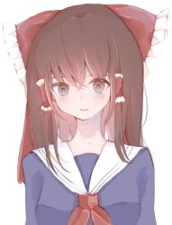  1girl blue_shirt blush bow breasts brown_eyes brown_hair closed_mouth commentary_request frilled_bow frilled_hair_tubes frills hair_between_eyes hair_bow hair_tubes hakurei_reimu highres long_hair long_sleeves looking_at_viewer medium_breasts neckerchief red_bow red_neckerchief sailor_collar sailor_shirt shenjianwuzhi shirt simple_background solo touhou upper_body white_background white_sailor_collar 