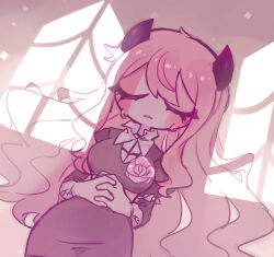  1girl ahoge belt black_dress black_horns breasts collared_shirt colored_skin commentary_request cowboy_shot crying cxolzayti1bx36l dappled_sunlight demon_girl demon_horns double-parted_bangs dress facing_viewer fewer_digits flower friday_night_funkin' frilled_sleeves frills from_above frown gloves grey_background hair_between_eyes hair_flaps hair_spread_out hands_on_own_stomach horns indoors layered_sleeves long_hair long_sidelocks long_sleeves lying medium_breasts no_eyebrows no_nose on_back own_hands_together parted_lips pink_belt pink_flower pink_hair pink_rose puffy_short_sleeves puffy_sleeves rose sarvente_(friday_night_funkin') shirt short_over_long_sleeves short_sleeves sidelocks simple_background sleeve_cuffs solo sunlight two-tone_background very_long_hair wavy_hair white_background white_gloves white_shirt white_skin 