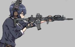  1girl aiming black_cardigan blue_eyes breasts cardigan checkered_necktie commentary_request ear_protection grey_background gun holding holding_gun holding_weapon kantai_collection large_breasts mordeth necktie rifle short_hair simple_background sniper_rifle solo tenryuu_(kancolle) upper_body weapon weapon_request 