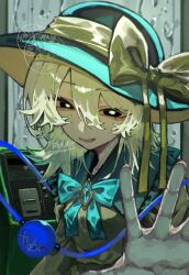  1girl aqua_bow aqua_bowtie aqua_gem artist_name black_hat black_sclera bow bowtie breasts bright_pupils chayo_bababa collared_shirt colored_sclera commentary_request criss-cross_straps eyelashes frills gem green_bow green_eyes green_hair green_hat hair_between_eyes half-closed_eyes hand_up hat hat_bow highres indoors jewelry komeiji_koishi large_bow long_sleeves looking_at_viewer medium_breasts open_mouth pendant phone phone_booth rain shirt short_hair smile solo third_eye touhou two-sided_fabric two-sided_headwear watermark white_pupils wide_sleeves yellow_bow 