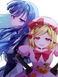  2girls bent_over beret bib_collar black_dress black_gloves blonde_hair blue_bow blue_bowtie blunt_bangs blunt_ends blurry blurry_foreground bow bowtie breasts closed_mouth collarbone_peek commentary dot_nose dress elbow_gloves expressionless eyelashes floating_hair frederica_bernkastel frilled_sleeves frills gloves gothic_lolita hair_bow hands_on_own_hips hat hat_bow highres hime_cut jack-o'-lantern lambdadelta layered_dress layered_sleeves leaf light_blush lolita_fashion long_hair long_sleeves looking_at_viewer looking_to_the_side multiple_girls multiple_hair_bows open_mouth pink_dress pink_hat puffy_short_sleeves puffy_sleeves purple_hair red_bow red_eyes short_hair short_sleeves small_breasts smug szmymsz twitter_username umineko_no_naku_koro_ni v-shaped_eyebrows violet_eyes white_background white_dress witch 