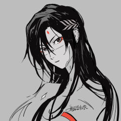  1girl android black_hair dated eyeshadow facial_mark falke_(signalis) forehead_mark fune_(nkjrs12) grey_background highres long_hair looking_at_viewer makeup portrait red_eyeshadow signalis signature simple_background skin_seams solo 