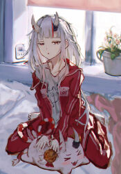  1girl absurdres barefoot cokei commentary_request flower flower_pot hair_between_horns highres hololive horn_ornament horns jacket long_hair multicolored_hair nakiri_ayame nakiri_ayame_(cutie_jersey) official_alternate_costume oni poyoyo_(nakiri_ayame) red_eyes red_hair red_jacket shirt sitting skin-covered_horns sleepy solo virtual_youtuber wariza white_hair white_shirt window 