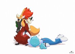  3girls animal_ear_fluff animal_ears animal_nose black_fur blue_hair body_fur bracelet braixen carrying carrying_over_shoulder carrying_person commentary english_commentary fox_ears fox_tail full_body furry furry_female green_fur hair_ornament highres jewelry long_hair meowscarada mermaid monster_girl multicolored_fur multiple_girls pearl_hair_ornament pink_nose pokemon primarina raz_dl red_eyes reference_request simple_background snout spiked_bracelet spikes tail two-tone_fur very_long_hair white_fur yellow_fur 