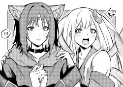  2girls animal_ears bare_shoulders blush cho_kaguya-hime! choker collarbone colored_inner_hair commentary crescent crescent_hair_ornament fox_ears greyscale hair_ornament hands_on_another's_shoulders highres kaguya_(cho_kaguya-hime!) long_hair lop_rabbit_ears monochrome multicolored_hair multiple_girls open_mouth own_hands_together rabbit_ears sakayori_iroha short_hair spoken_blush upper_body xiegitoai 