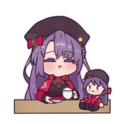  blush chibi closed_eyes commentary cup girls'_frontline_2:_exilium girls_frontline hat holding holding_cup lewis_(girls'_frontline) long_hair purple_hair rishe_(reeeeshe) smile teacup upper_body 
