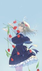  1girl antenna_hair back_bow black_bow black_capelet black_skirt black_vest blue_sky bow capelet collared_shirt commentary cowboy_shot day dropping eyelashes fingernails floating_clothes floating_hair flower frilled_skirt frilled_sleeves frills from_side grey_hair hair_between_eyes hair_bow highres light_particles long_hair long_sleeves maso_(01mogu05) meitantei_precure! miniskirt moria_luluka outdoors parted_lips pleated_skirt pointy_nose precure puffy_long_sleeves puffy_sleeves red_flower shirt skirt skirt_set sky solo spring_(season) standing tsurime tulip vest violet_eyes white_shirt wind 