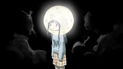  1girl :| black_hair blue_sweater closed_mouth dark full_moon glowing hat highres long_hair long_sleeves moon original sidelocks skirt solo sweater tsukumizu 