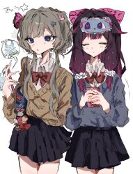  2girls alternate_costume bag black_hair black_skirt blue_eyes bow brown_hair closed_eyes closed_mouth collar columbina_(genshin_impact) commentary_request drink_carton eye_mask eyewear_on_head genshin_impact hair_ornament highres hitsuji_o_kazoeyo holding holding_juice_box holding_phone juice_box long_hair luonnotar_(genshin_impact) mask multicolored_hair multiple_girls phone purple_hair purple_streaks red_bow sandrone_(genshin_impact) school_uniform short_hair_with_long_locks shoulder_bag simple_background skirt standing star_(symbol) streaked_hair two-tone_hair upper_body white_background white_collar 