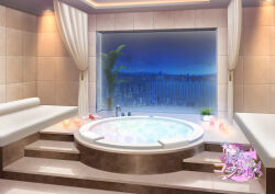  balcony bathtub candle ceiling_light commentary_request copyright_logo couch curtains faucet flower indoors logo mizui_xl night no_humans official_art pink_flower pink_rose plant plate potted_plant red_flower red_rose rose scenery stairs tile_wall tiles water window youko-san_wa_kon_to_naku 