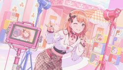  1girl bag belt black_collar black_ribbon black_shirt bow braid braided_bangs breasts brooch brown_skirt chair clover collar collarbone collared_jacket colorful_palette cowboy_shot cropped_jacket cropped_shirt detached_collar dot_nose double_v fingernails game_cg gem grey_eyes grin hair_ribbon hanasato_minori heart high_collar highres jacket jewelry light_blush long_sleeves looking_at_viewer medium_hair midriff_peek milkshake multiple_rings nail_polish neck_ribbon official_alternate_costume official_alternate_hair_ornament official_art one_eye_closed open_up_new_horizons!_(project_sekai) orange_hair pencil_skirt pink_shirt project_sekai recording red_belt red_gem red_nails red_ribbon ribbon ring shirt shoes skirt sleeves_past_wrists small_breasts smile solo swept_bangs table tablet_pc tablet_stand teeth third-party_source two-tone_ribbon two-tone_shirt umbrella unworn_shoes upper_body v white_bow white_jacket 