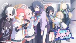  6+girls animal_ear_fluff animal_ears artist_request ayane_(blue_archive) bandaged_leg bandages black_choker black_hair black_hoodie black_jacket black_skirt black_thighhighs blazer blonde_hair blue_archive blue_eyes blue_halo blue_jacket blue_necktie blue_shirt blue_skirt cardigan choker colored_inner_hair commentary_request copyright_notice dog_ears dog_girl dress_shirt drink_carton earclip elf glasses green_eyes grey_halo hair_over_one_eye halo handheld_game_console hands_in_pockets holding holding_handheld_game_console holding_milk_carton holster hood hoodie jacket kanna_(blue_archive) kayoko_(blue_archive) long_hair long_skirt midori_(blue_archive) milk_carton multicolored_hair multiple_girls natsu_(blue_archive) neckerchief necktie notched_ear official_art orange_halo pencil_skirt pink_hair pink_halo plaid_clothes plaid_skirt pointing pointy_ears ponytail purple_cardigan purple_scarf red-framed_eyewear red_eyes red_hair red_halo red_neckerchief red_skirt scarf school_uniform serafuku shirt short_hair shoulder_holster side_slit skirt sweater_vest thigh-highs tsukuyo_(blue_archive) two-tone_hair violet_eyes white_cardigan white_hair white_jacket white_serafuku white_shirt yellow_eyes yellow_sweater_vest yuzu_(blue_archive) 