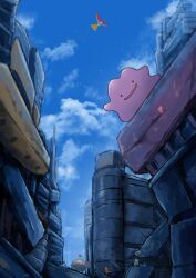  absurdres black_eyes building bulbasaur charmander clouds commentary_request day ditto from_below highres ho-oh kittenlochen no_humans open_mouth outdoors pokemon pokemon_(creature) pokemon_focus ruins sky smile squirtle tangrowth 