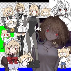  2girls :3 absurdres ahoge animal_costume animal_ear_fluff animal_ears apron arcueid_brunestud arcueid_brunestud_(monster_cat) arms_behind_back black_bodysuit black_boots black_bow black_leotard blonde_hair blue_skirt blush bodysuit boots bow breasts brown_boots brown_dress buttons capelet cat_costume cat_ears cat_girl chibi chibi_only closed_eyes cosplay dress dual_persona fake_animal_ears fake_tail floating_hair frilled_dress frills fur_choker fur_collar glowing glowing_eyes hair_between_eyes hair_intakes head_tilt highres hisui_(tsukihime) hisui_(tsukihime)_(cosplay) huge_breasts jewelry kagetsu_tooya leotard long_skirt maid maid_apron maid_headdress miniskirt multiple_girls narue necklace neco-arc official_alternate_costume paw_pose paw_shoes purple_skirt red_eyes short_hair skirt smile sparkling_eyes standing sweat sweater tail thigh_boots thighs tsukihime tsukihime_(remake) turtleneck turtleneck_sweater white_capelet white_dress white_sweater zettai_ryouiki 