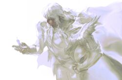  1boy absurdres armor berserk bishounen breastplate cape commentary feathers gauntlets griffith_(berserk) helmet highres holding holding_feather holding_unworn_helmet long_hair male_focus solo untranslatable_commentary unworn_headwear unworn_helmet white_background white_hair white_theme xia_yu 