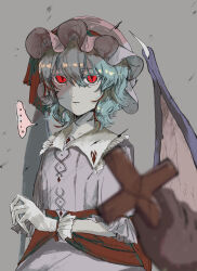  ... 1girl 1other anzu_remilia bat_wings blue_hair blurry closed_mouth collared_shirt commentary_request cross depth_of_field frilled_shirt_collar frills gloves hat hat_ribbon highres holding holding_cross looking_at_viewer mob_cap pink_hat pink_shirt pink_skirt pov red_eyes remilia_scarlet ribbon shirt skirt slit_pupils spoken_ellipsis touhou vampire white_gloves wings 