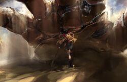  1girl absurdres asymmetrical_legwear badge bandaid bandaid_on_face black_cardigan black_skirt black_socks black_thighhighs bow bowtie broken_heart broken_heart_hair_ornament brown_shoes button_badge cardigan closed_mouth commentary day dress_shirt english_commentary evil_neuro-sama floating_hair full_body giant_hand glowing glowing_eyes heart highres holding_harpoon long_hair long_sleeves miniskirt pleated_skirt red_bow red_bowtie red_eyes red_ribbon ribbon sand shirt shoes skirt socks sunlight thigh-highs two_side_up uneven_legwear vedal_ai virtual_youtuber white_shirt wide_sleeves windsketchy 