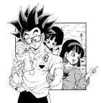  1boy 2girls :d black_hair blush_stickers child dragon_ball dragon_ball_super dragon_ball_super_super_hero family father_and_daughter female_child fenyon glasses greyscale highres holding holding_paper husband_and_wife locked_arms monochrome mother_and_daughter multiple_girls open_mouth pan_(dragon_ball) paper pointing shirt smile son_gohan spiky_hair videl 