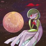  colored_skin commentary_request flipped_hair gardevoir green_hair hand_up moon outdoors oyasuminjyutsu pokemon pokemon_(creature) red_eyes signature solo space spikes white_skin 