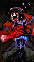  2boys absurdres animal_ears black_hair blood blood_on_arm deadlock_(game) drifter_(deadlock) fangs hat highres jacket michael78art multiple_boys nightcap open_mouth pajamas patterned_clothing pointy_ears red_eyes rem_(deadlock) saturn_devouring_his_son scene_reference sleeping tail vampire 