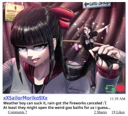  2girls absurdres bag black_hair blue-framed_eyewear bow brown_hair can coca-cola commentary denim diskette drink_can english_commentary english_text glasses hair_bow hair_ornament hairclip heart highres hood hoodie jeans multiple_girls mystery_flesh_pit_national_park open_mouth original pants parallel_hairclips pink_eyes ponytail reblog_icon red_bow selfie shoulder_bag soda_can torn_clothes torn_jeans torn_pants 