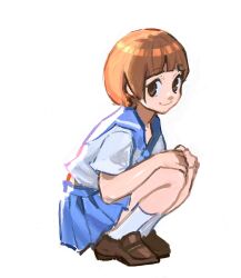  1girl blue_skirt brown_eyes brown_hair brown_shoes closed_mouth commentary from_side full_body highres kill_la_kill looking_at_viewer mankanshoku_mako meltted pleated_skirt sailor_collar sailor_shirt shirt shoes short_hair simple_background skirt smile socks solo squatting white_background white_shirt white_socks 