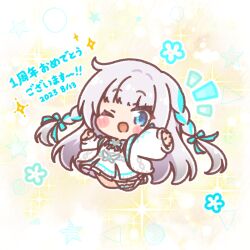  1girl ;d blue_eyes blue_hair braid chibi commentary_request copyright_request dress grey_hair highres jacket long_hair long_sleeves looking_at_viewer mitarashi_neko multicolored_hair notice_lines one_eye_closed open_clothes open_jacket pleated_dress puffy_long_sleeves puffy_sleeves sleeves_past_wrists smile solo sparkle streaked_hair translation_request twin_braids very_long_hair virtual_youtuber white_dress white_jacket 