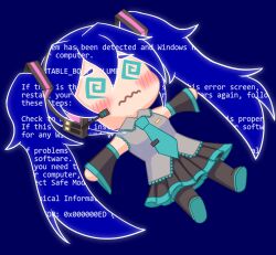  1girl @_@ aqua_eyes aqua_necktie aqua_trim black_boots black_skirt black_sleeves blue_background blue_screen_of_death boots chibi chibi_only closed_mouth commentary detached_sleeves english_commentary grey_shirt hair_between_eyes hatsune_miku headphones highres kaleislazy long_hair lying microsoft_windows necktie pleated_skirt shirt simple_background skirt solo thigh_boots tie_clip twintails vocaloid wavy_hair 