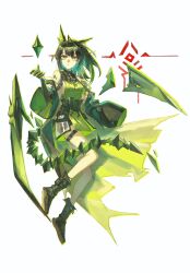  1girl :o absurdres ahoge animal_ears arknights backless_shirt bare_legs bare_shoulders belt belt_pouch black_boots black_coat black_gloves black_hair black_shorts boots breasts coat colored_inner_hair elbow_gloves floating floating_hair floating_object full_body gloves glyph green_eyes green_hair green_outline green_shirt highres huge_ahoge looking_at_viewer material_growth micro_shorts mon3tr_(arknights) multicolored_hair open_mouth oripathy_lesion_(arknights) outline pouch sash shirt shorts sideboob simple_background solo tail thigh_belt thigh_strap two-sided_fabric white_background zzzm 