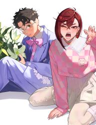  1boy 1girl absurdres ayase_momo black_hair bouquet bow bow_legwear bowtie brown_eyes brown_hair character_print checkered_sweater choker claw_pose collared_shirt collared_sweater crossed_bangs dandadan earrings fingernails flower furrowed_brow glasses hair_between_eyes highres holding holding_bouquet jacket jewelry kneeling lily_(flower) long_fingernails looking_at_viewer medium_hair middle_finger one_eye_closed open_mouth pants pantyhose parted_bangs parted_lips pink_bow pink_bowtie pink_flower pink_sweater pleated_skirt purple_jacket purple_pants purple_suit round_eyewear shirt short_hair sitting skirt socks suit suit_jacket sweater takakura_ken_(dandadan) turbo_granny_(dandadan) wavy_hair white_background white_choker white_pantyhose white_shirt white_skirt white_socks yellow_flower yuqi_non 